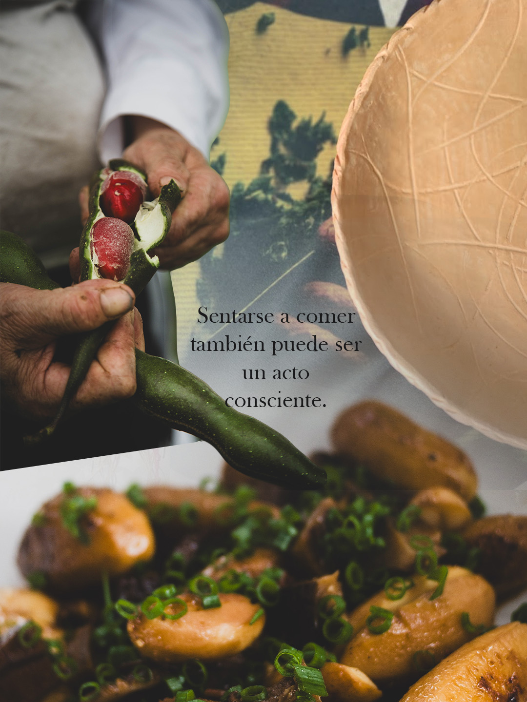 Pieza gráfica con manos abriendo una vaina, un cuenco de barro y un plato servido.