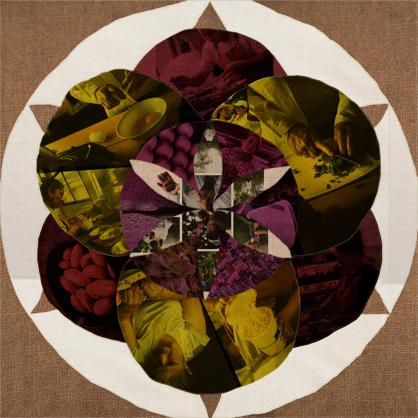 Mandala circular compuesto por fotografías del recorrido teñidas en vino y oliva, montado sobre lino y fique.