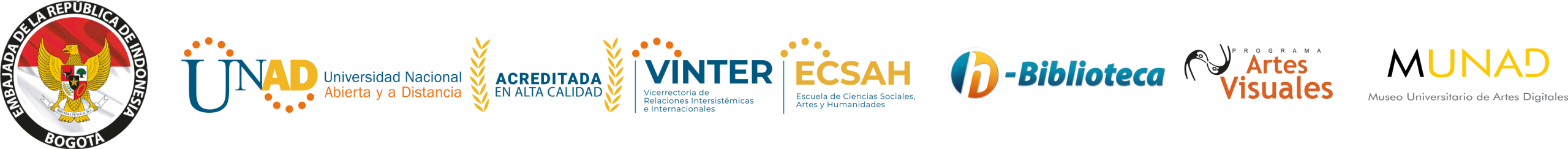 Logotipos: Embajada de la República de Indonesia en Bogotá, UNAD Universidad Nacional Abierta y a Distancia, Acreditada en Alta Calidad, VINTER, ECSAH, H-Biblioteca, Artes Visuales y MUNAD Museo Universitario de Artes Digitales.