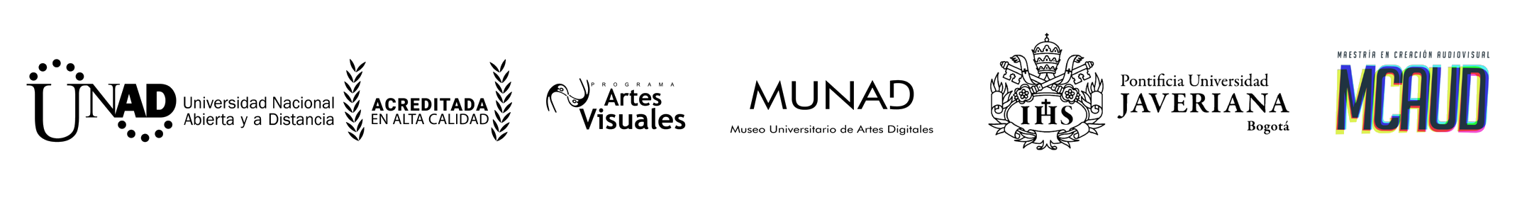 UNAD, Universidad Nacional Abierta y a Distancia · Acreditada en alta calidad · Programa de Artes Visuales · MUNAD, Museo Universitario de Artes Digitales · Pontificia Universidad Javeriana, Bogotá · MCAUD, Maestría en Creación Audiovisual