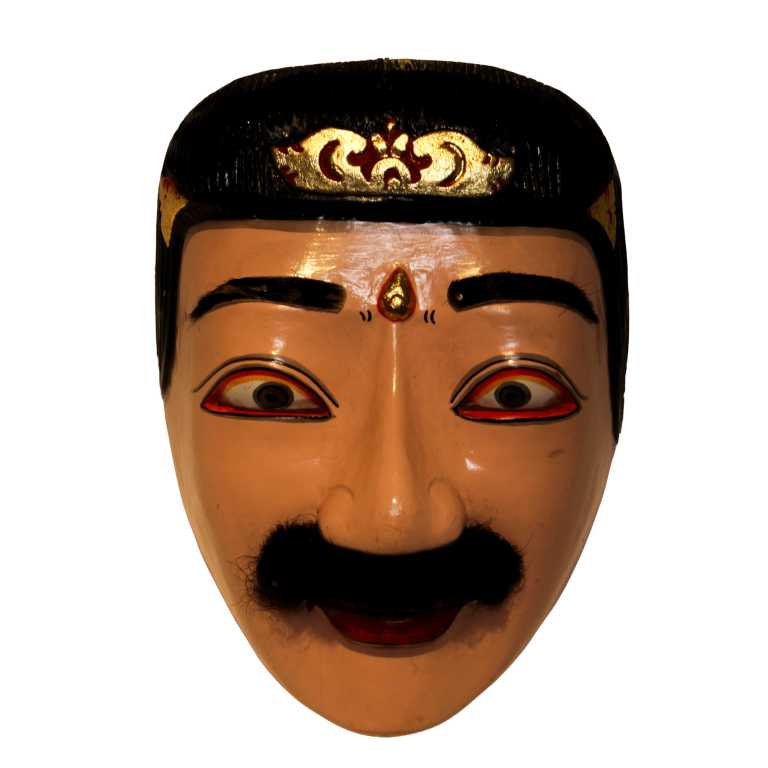 Máscara balinesa de rostro claro con bigote negro y tocado lacado.