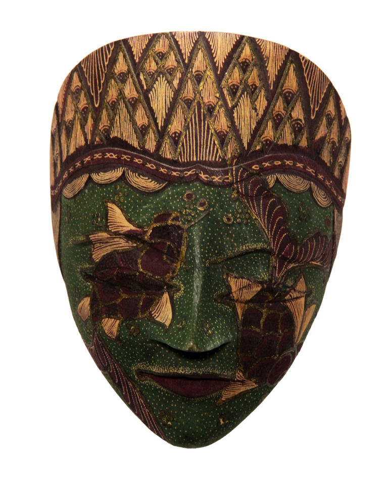Máscara javanesa de rostro verde con batik pintado y tocado triangular.